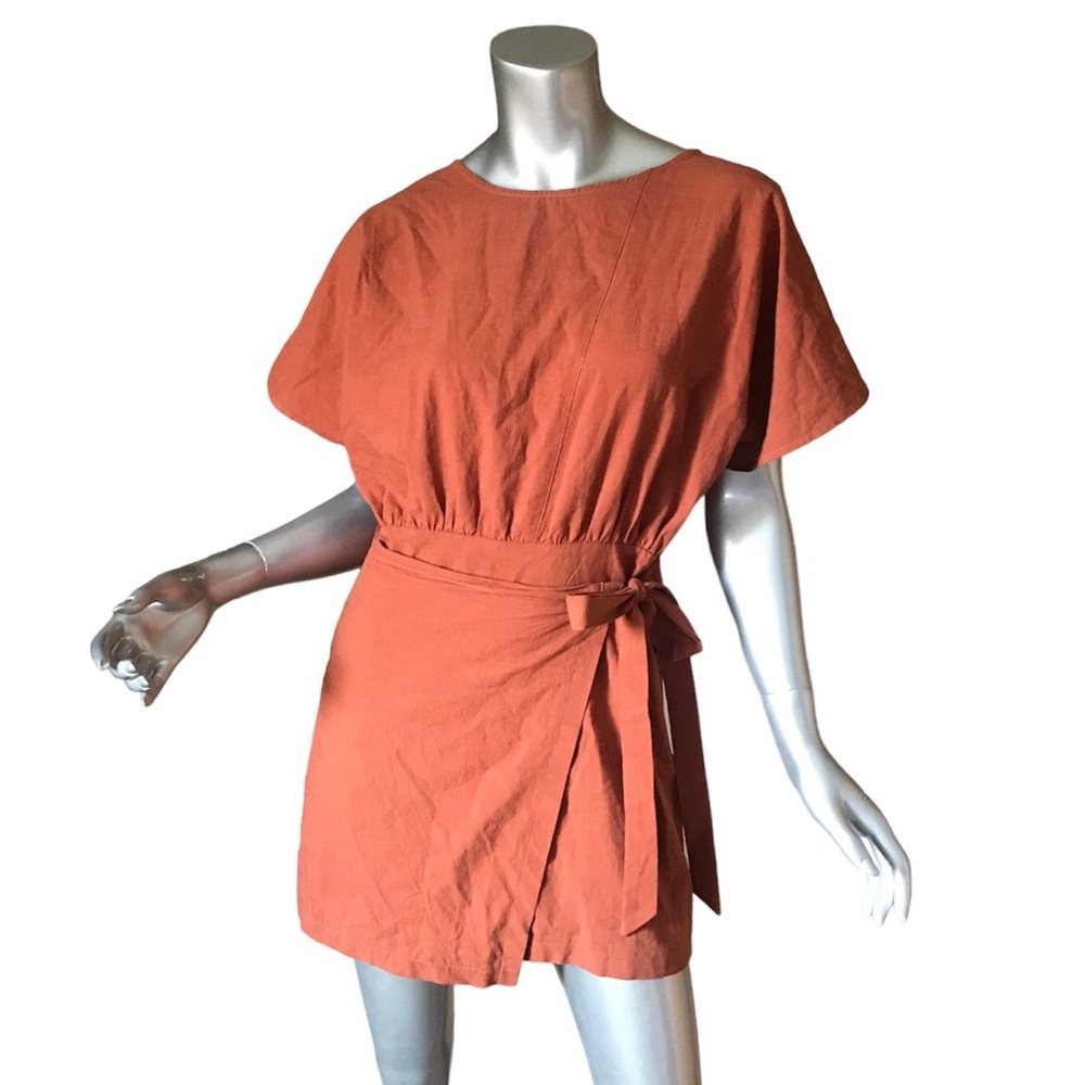 SHEIN Women’s Small High Neck Cut Out Open Back Mini Faux Wrap Dress Linen